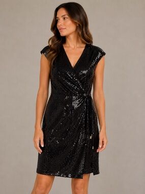Michael Kors Black Sequin Wrap Party Dress – Size Medium Petite